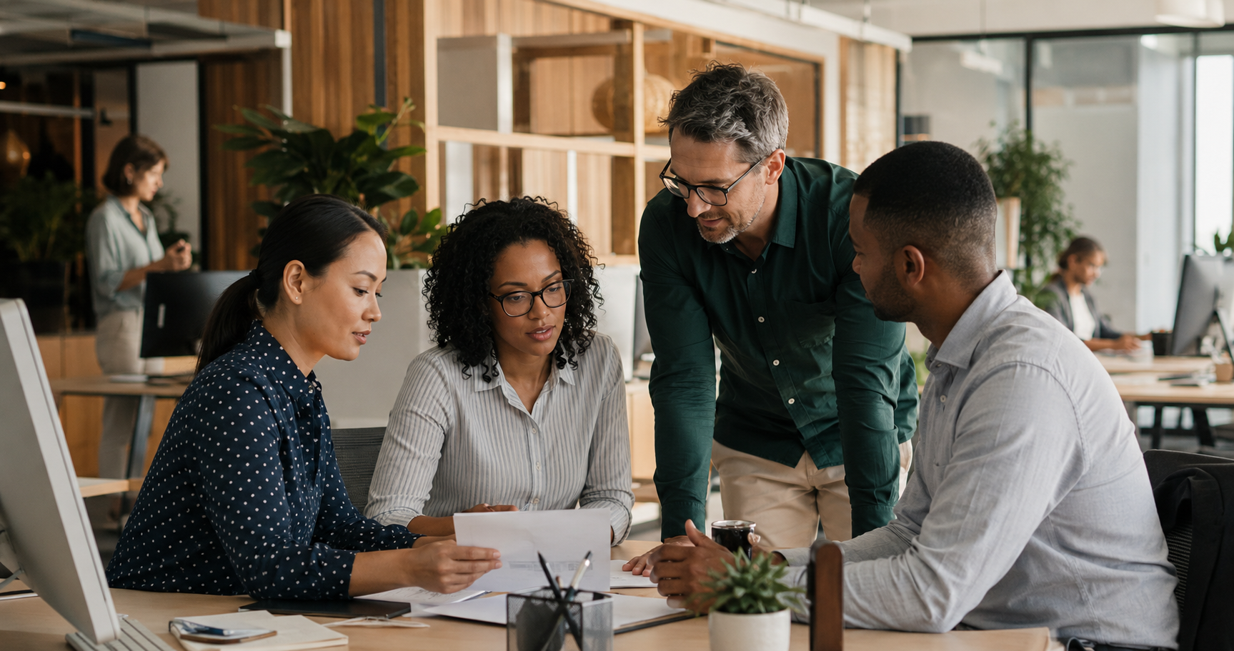 A diverse professional team collaborating in a modern office