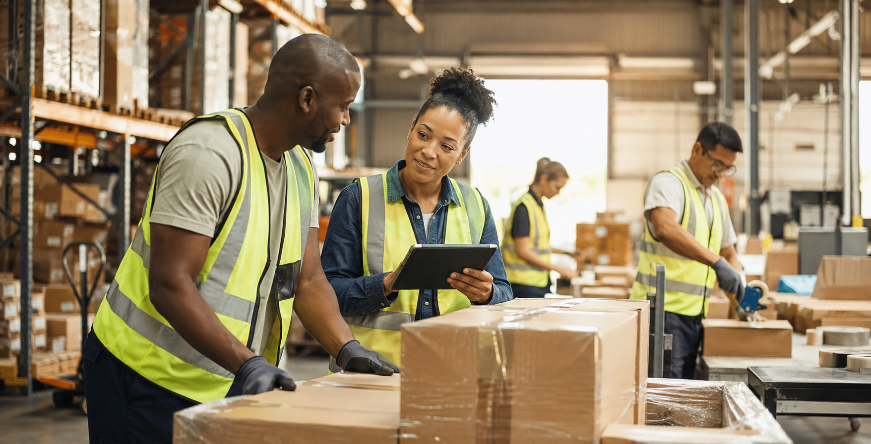 A diverse warehouse team collaborating in a distribution center